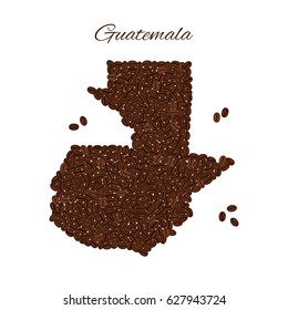 Map of Guatemala created from coffee beans isolated on a white background.