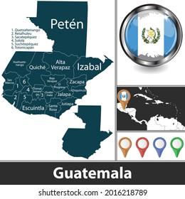 Map of Guatemala with departments and location on Caribbean map. Vector image