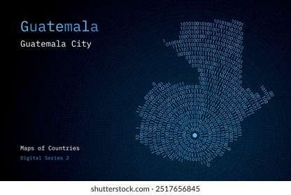 A map of Guatemala depicted in zeros and ones in the form of a circle. The capital, Guatemala city, is shown in the center of the circle