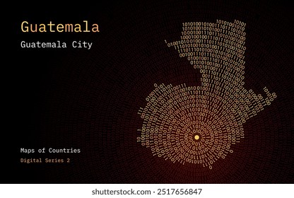 A map of Guatemala depicted in zeros and ones in the form of a circle. The capital, Guatemala city, is shown in the center of the circle