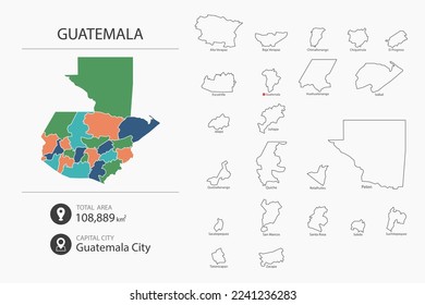 Map of Guatemala with detailed country map. Map elements of cities, total areas and capital.