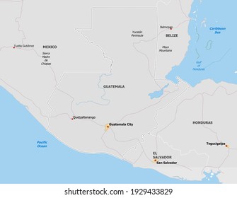 Mapa de Guatemala. El mapa se dibuja con gran detalle y para mayor claridad sólo se muestran las principales ciudades. El país se dibuja con los países vecinos.