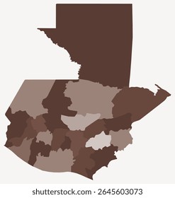 Map of Guatemala with regions. Just a simple country border map with region division. Brown color palette. Flat Guatemala shape with administrative division. Vector illustration.