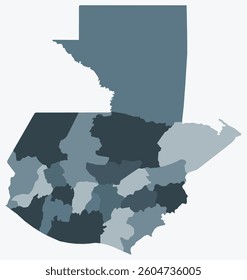 Map of Guatemala with regions. A simple country border map with regional divisions. Blue-grey color palette. Blank Guatemala shape with administrative division. Vector illustration.