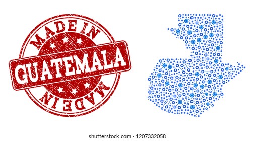 Map of Guatemala vector mosaic and Made In grunge stamp. Map of Guatemala formed with blue gear connections. Made in red seal with distress rubber texture.
