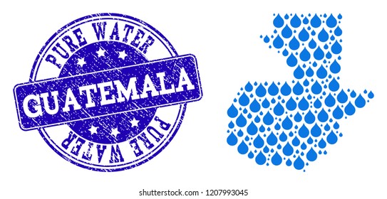 Map of Guatemala vector mosaic and Pure Water grunge stamp. Map of Guatemala composed with blue liquid raindrops. Seal with grunge rubber texture for pure drinking water.