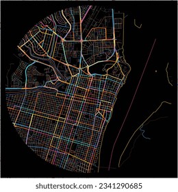 Map of Guayaquil with all major and minor roads, railways and waterways. Colorful line art on black background.