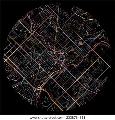 Map of Guelph, Ontario with all major and minor roads, railways and waterways. Colorful line art on black background.