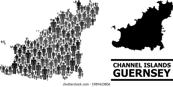 Map of Guernsey Island for demographics agitation. Vector nation abstraction. Abstraction map of Guernsey Island designed of person items. Demographic scheme in dark gray color tones.