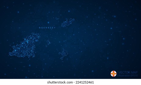Map of Guernsey modern design with polygonal shapes on dark blue background. Business wireframe mesh spheres from flying debris. Blue structure style vector illustration concept.
