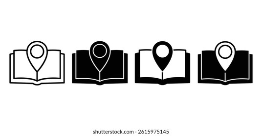 Map Guide Icon Set Black and White Open Book with Location Pin Vector Design