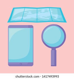 map guide with smartphone and magnifying glass