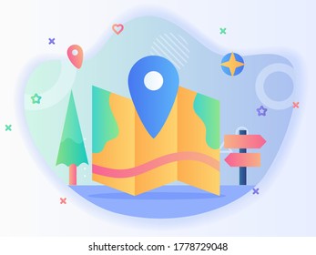 Map guide traveling concept location marker map brochure sign post tree compass with flat style.