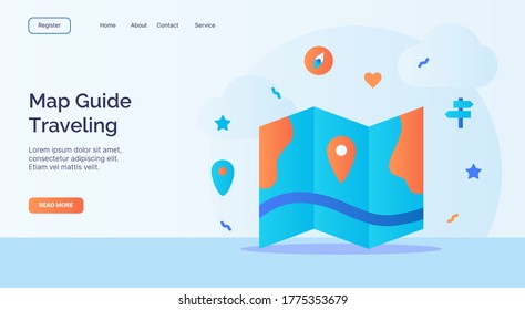 Map guide traveling icon campaign for web website home homepage landing template banner with cartoon flat style.