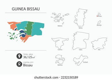 Map of Guinea Bissau with detailed country map. Map elements of cities, total areas and capital.