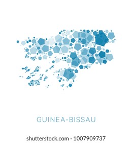 map of Guinea Bissau filled with abstract mosaic of pentagons of different sizes and degrees of transparency with name of the country on white background