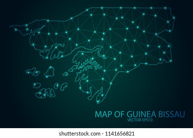Map of Guinea Bissau - With glowing point and lines scales on The Dark Gradient Background, 3D mesh polygonal network connections. Vector illustration eps10.