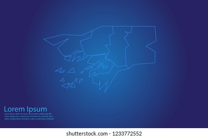 Map of guinea Bissau - With glowing point and lines scales on the dark gradient background.french Polynesia map with country borders, thin Blue outline on Dark background.