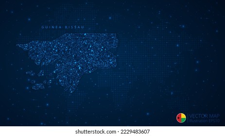 Mapa de Guinea Bissau diseño moderno con formas poligonales sobre fondo azul oscuro. Esferas de malla de alambre de negocios a partir de escombros voladores. Concepto de ilustración vectorial de estilo de estructura azul.