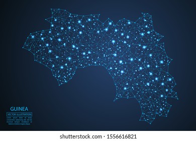 A map of Guinea consisting of 3D triangles, lines, points, and connections. Vector illustration of the EPS 10.