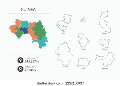 Map of Guinea with detailed country map. Map elements of cities, total areas and capital.