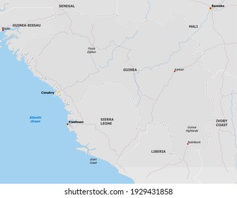 Map of Guinea. Map is drawn in high detail and for clarity shows only major cities. Country is drawn with neighboring countries.