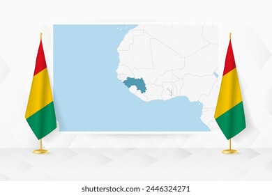 Map of Guinea and flags of Guinea on flag stand. Vector illustration for diplomacy meeting.