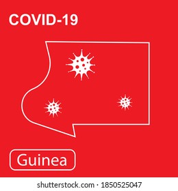 Mapa de Guinea con la etiqueta "COVID-19". Mapa de esquema blanco sobre un fondo rojo. Ilustración vectorial de un virus, coronavirus, epidemiología.