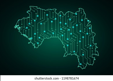 Map of Guinea, network line, design sphere, dot and structure on dark background with Map Guinea, Circuit board. Vector illustration. Eps 10