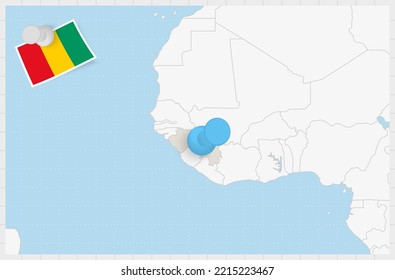 Map of Guinea with a pinned blue pin. Pinned flag of Guinea, vector illustration.