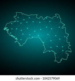 Map of Guinea from Polygonal wire frame low poly mash, contours network line, luminous space stars, design sphere, dot and structure. Vector Illustration EPS10.