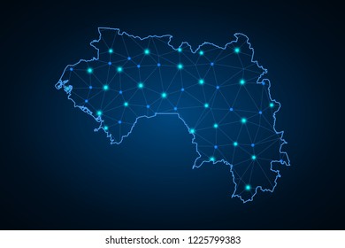 Map of Guinea from Polygonal wire frame low poly mash, contours network line, luminous space stars, design sphere, dot and structure. Vector Illustration EPS10.
