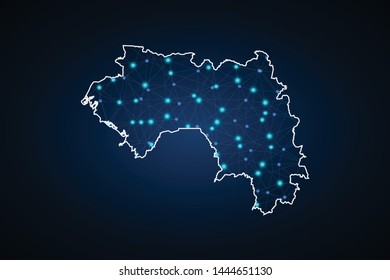 Map of Guinea from Polygonal wire frame low poly mash, contours network line, luminous space stars, design sphere, dot and structure. Vector Illustration EPS10. - Vector