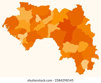 Map of Guinea with regions. Just a simple country border map with region division. Orange color palette. Flat Guinea shape with administrative division. Vector illustration.