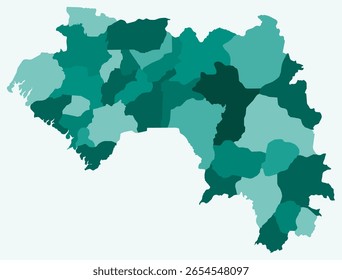 Mapa da Guiné com regiões. Apenas um simples mapa de fronteira de país com divisão de região. Paleta de cores azul-petróleo. Forma de Guiné Plana com divisão administrativa. Ilustração vetorial.