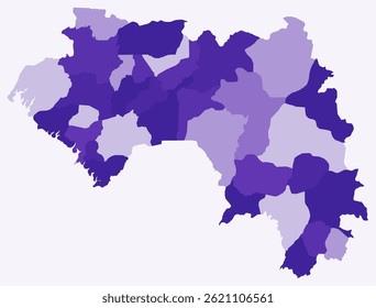 Map of Guinea with regions. A simple country border map with regional divisions in a deep purple color palette. Flat design vector illustration.