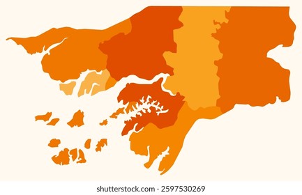 Map of Guinea-Bissau with regions. Just a simple country border map with region division. Orange color palette. Blank Guinea-Bissau shape with administrative division. Vector illustration.