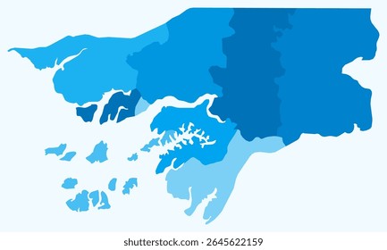 Map of Guinea-Bissau with regions. Just a simple country border map with region division. Light blue color palette. Plain Guinea-Bissau shape with administrative division. Vector illustration.