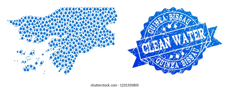 Map of Guinea-Bissau vector mosaic and clean water grunge stamp. Map of Guinea-Bissau created with blue liquid raindrops. Seal with grunge rubber texture for clean drinking water.