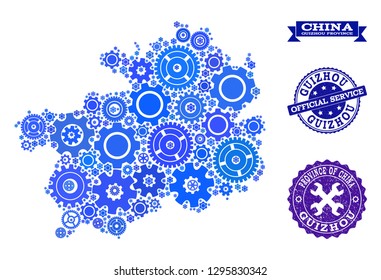 Map of Guizhou Province designed with blue engine symbols, and isolated grunge watermarks for official repair services.