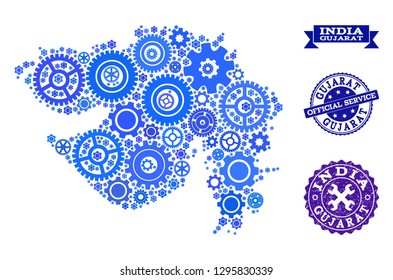 Map Of Gujarat State Composed With Blue Engine Symbols, And Isolated Scratched Stamps For Official Repair Services. Vector Abstract Mosaic Of Map Of Gujarat State With Industry Symbols In Blue Hues.