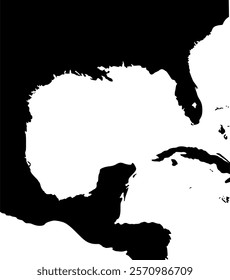 Map of the Gulf Coast, geographic area in the extreme southern United States along the northern portion of the Gulf of Mexico. BW and Flat Style. Vector Illustration