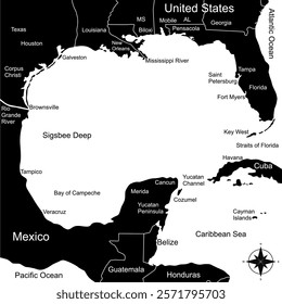 Map of the Gulf Coast, geographic area in the extreme southern United States along the northern portion of the Gulf of Mexico. Vector Illustration