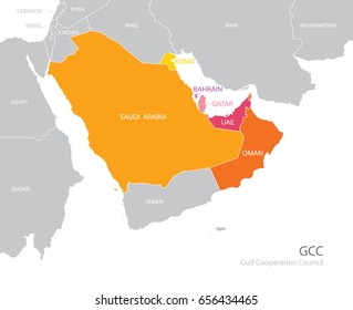 Map of the Gulf Cooperation Council (GCC)'s members. Vector.