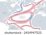 Map of the Gulf Stream and major North Atlantic Ocean currents. Sea water is circulating in clockwise direction, the warm currents highlighted in red, and the cold ones in blue. Illustration. Vector