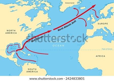 Map of the Gulf Stream with its northern extension North Atlantic Drift. Warm and swift Atlantic Ocean current, originates in Gulf of Mexico, flows  through Straits of Florida and up the US coastline.