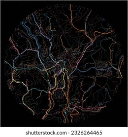 Map of Gummersbach, North Rhine-Westphalia with all major and minor roads, railways and waterways. Colorful line art on black background.