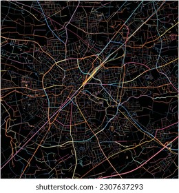 Map of Gutersloh, North Rhine-Westphalia with all major and minor roads, railways and waterways. Colorful line art on black background.