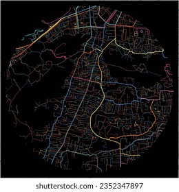 Map of Guwahati, Assam with all major and minor roads, railways and waterways. Colorful line art on black background.