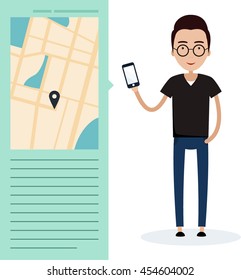 Map and guy with the phone. Flat vector illustration. using smart-phone on a city 